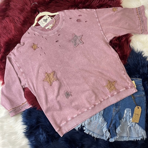 Easel Patchwork Mineral Wash Lightweight Knit Top - Picture 2 of 16